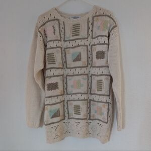 Vintage Patchwork Knit Crochet Sweater - Cottagecore Grannycore Embroidered Sz M